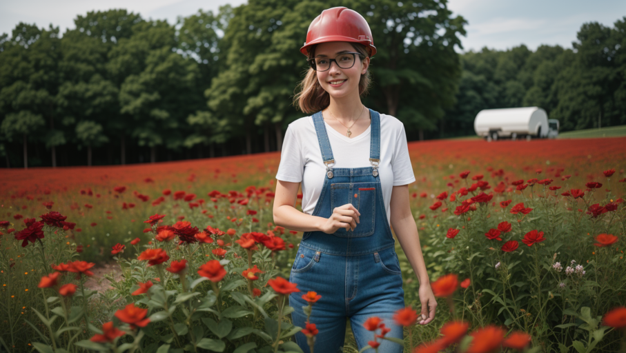 A female miner walks through a field of flowers, representing eco-friendly construction aggregate strategies.
