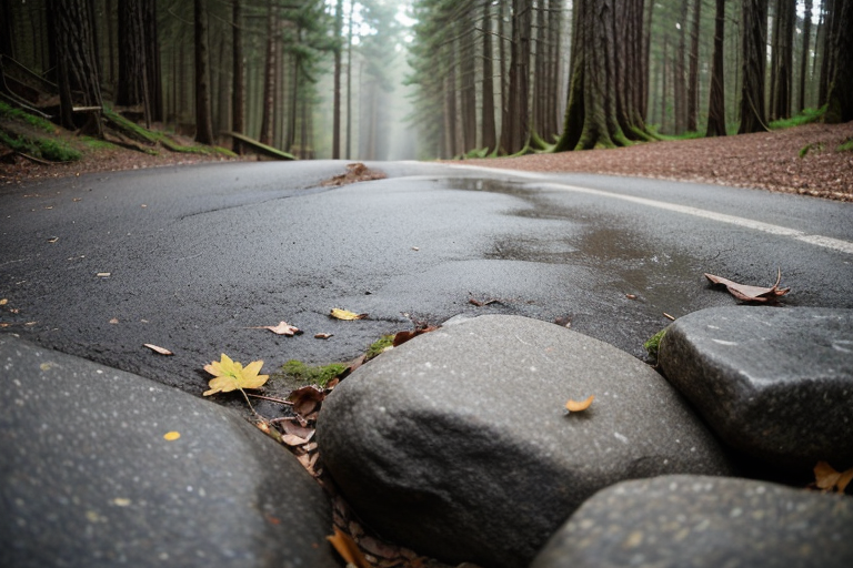 Granite stones that could be potential construction aggregate at the end of a roadway, representing geological considerations in aggregate site selection.