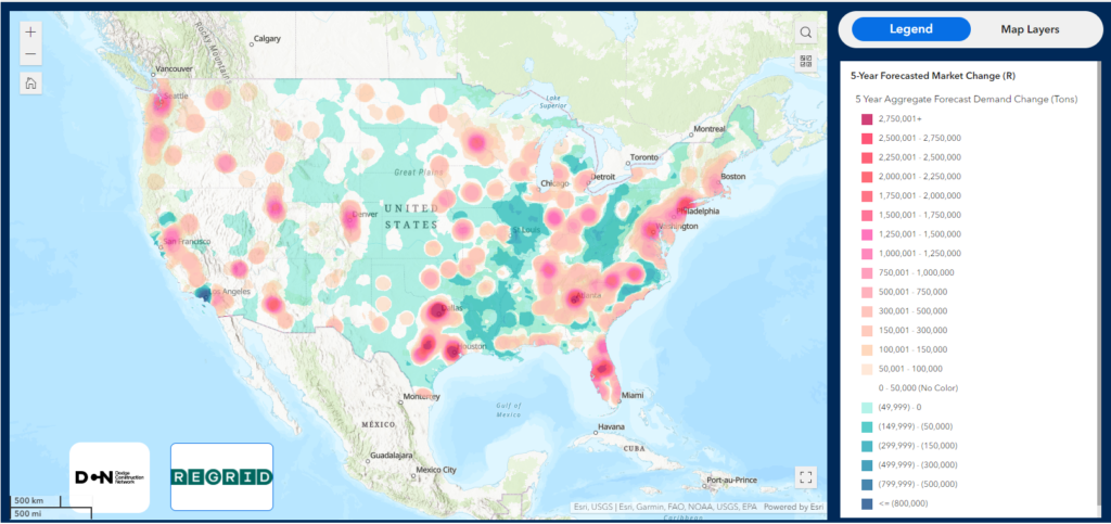 Map showing anticipated future construction aggregate demand change within the United States.