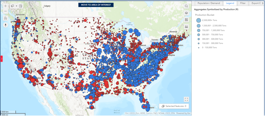 A map showing all producers of crushed stone, sand, and gravel in the United States with relative production sizes.
